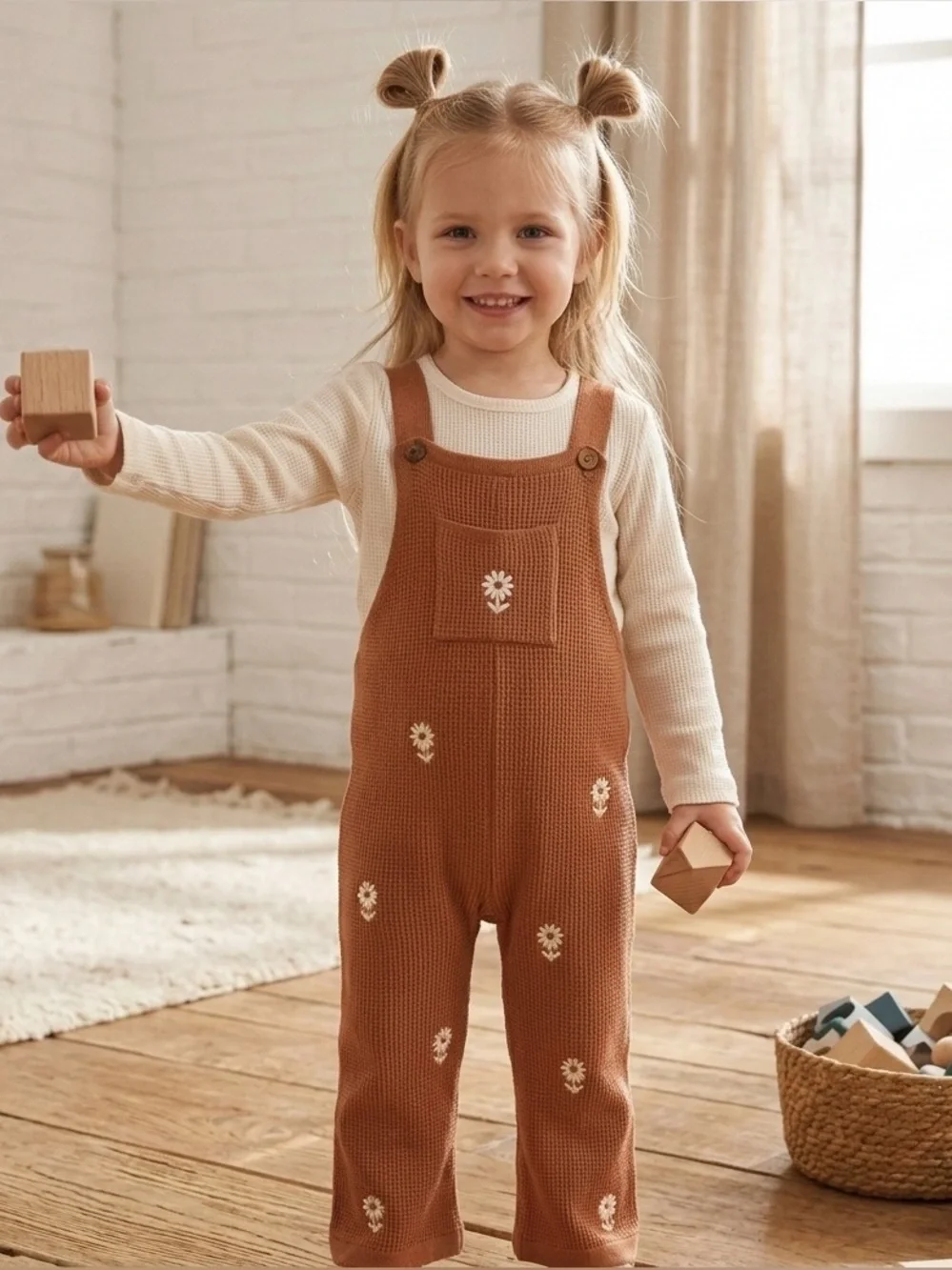 5T Modern Moments Waffle Knit Overalls with Daisy Sunflower Embroidery